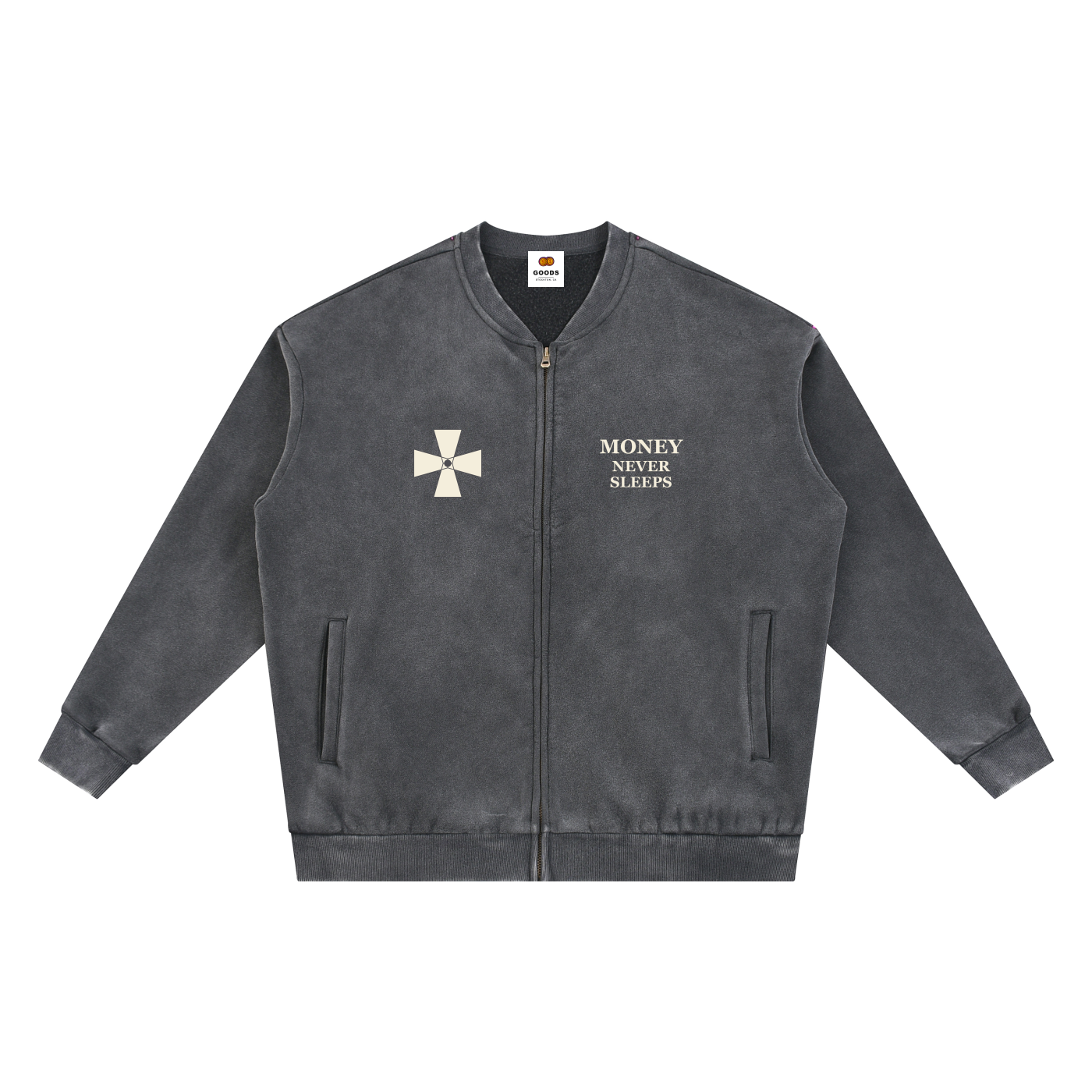 Money Never Sleeps Varsity Jacket by GOODS, view 1